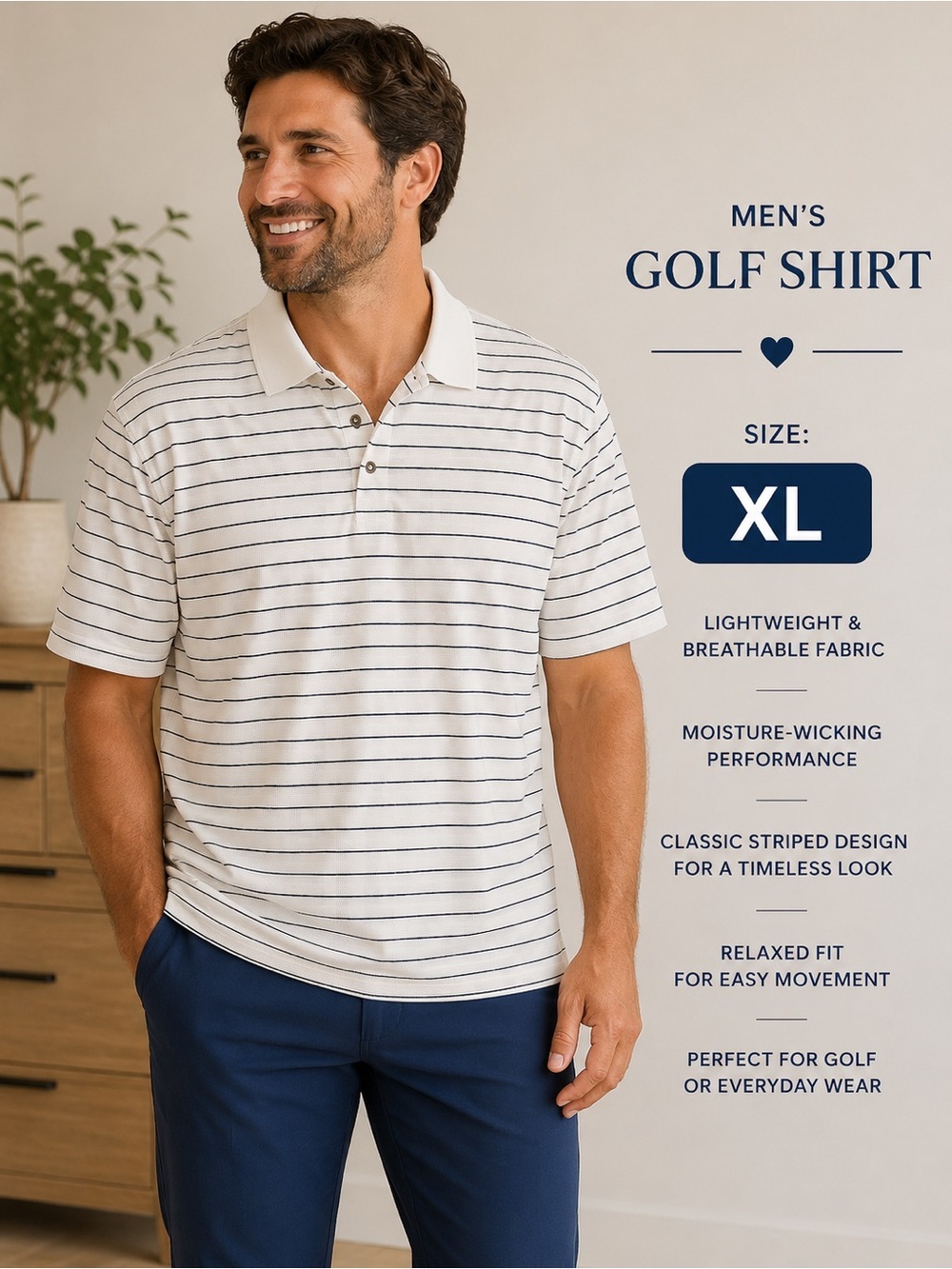 George golf Men’s Cream Polo with Navy Thin Stripes XL